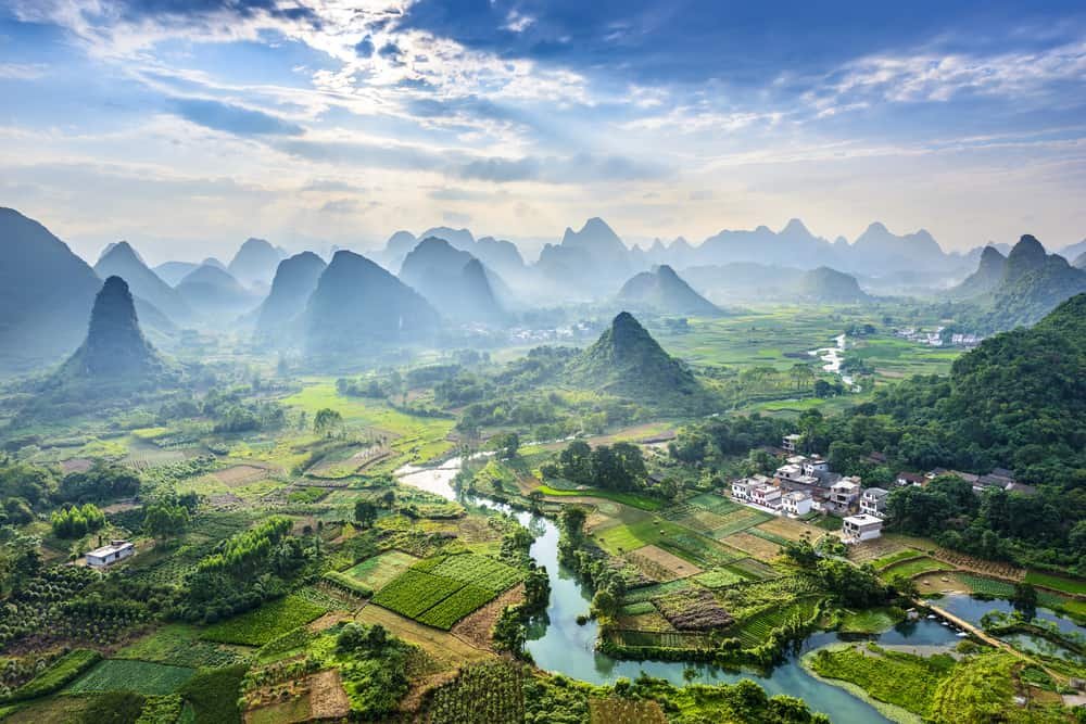 Landscape of Guilin, Li River and Karst mountains. Located near Yangshuo County, Guilin City, Guangxi Province, China